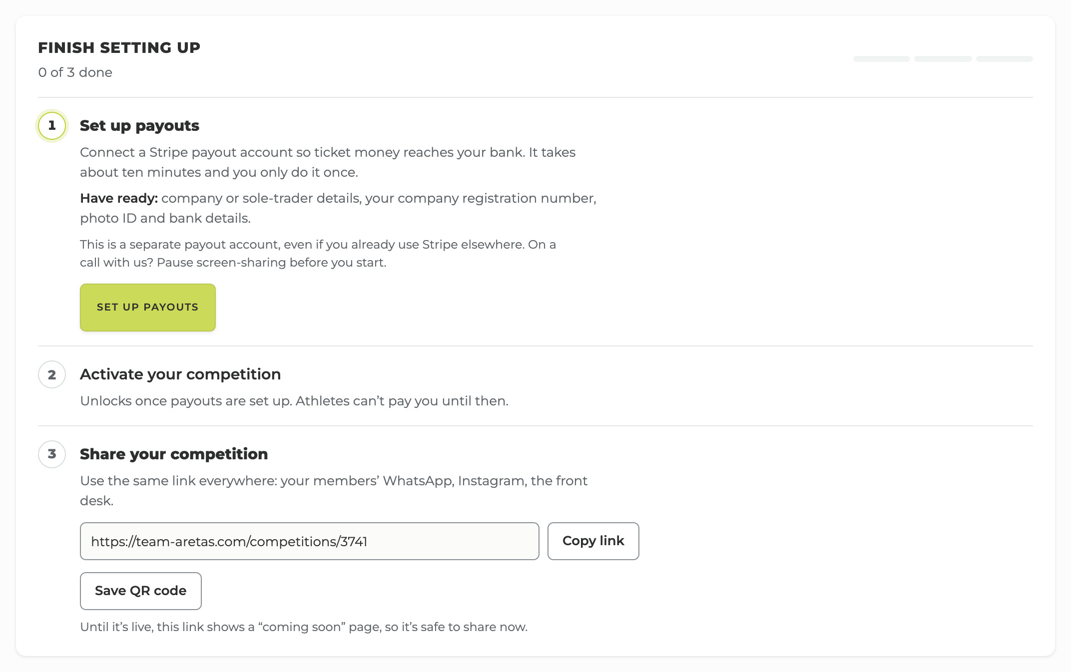 The Finish setting up card on a Team Aretas competition dashboard: set up payouts, activate the competition, share the link
