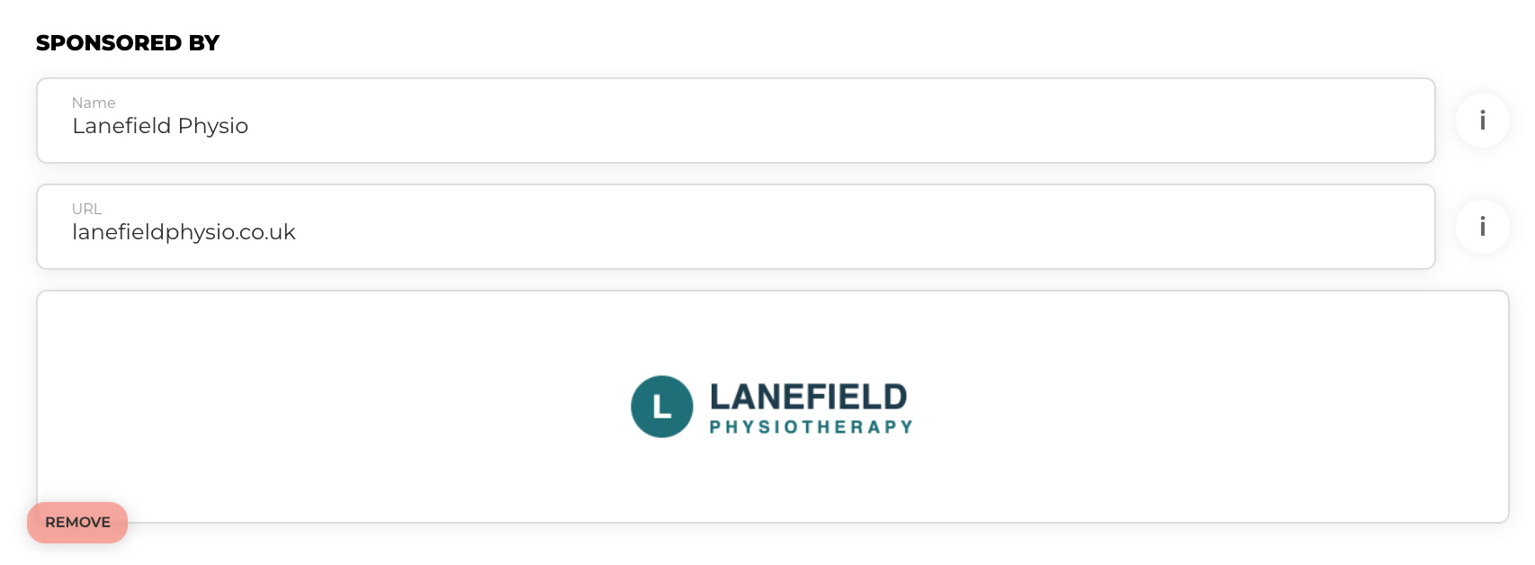 The sponsor block in the Team Aretas workout editor: Lanefield Physio's name, link and logo on workout 2