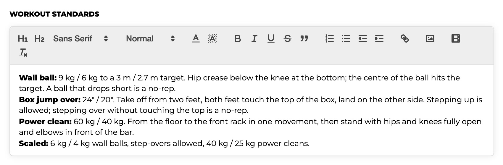 Workout standards for workout 1 in the Team Aretas workout editor: wall ball, box jump over, power clean and the scaled version
