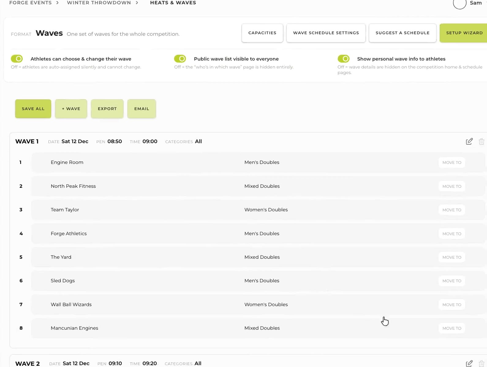 Waves of 8 entries, 20 minutes apart, in Team Aretas
